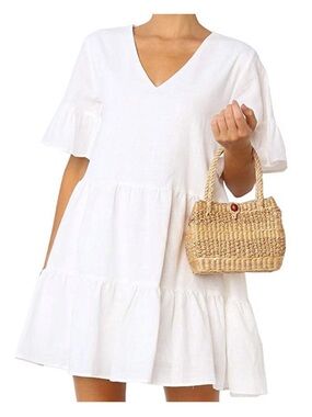 Fancyinn White V-Neck Tiered Babydoll Dress